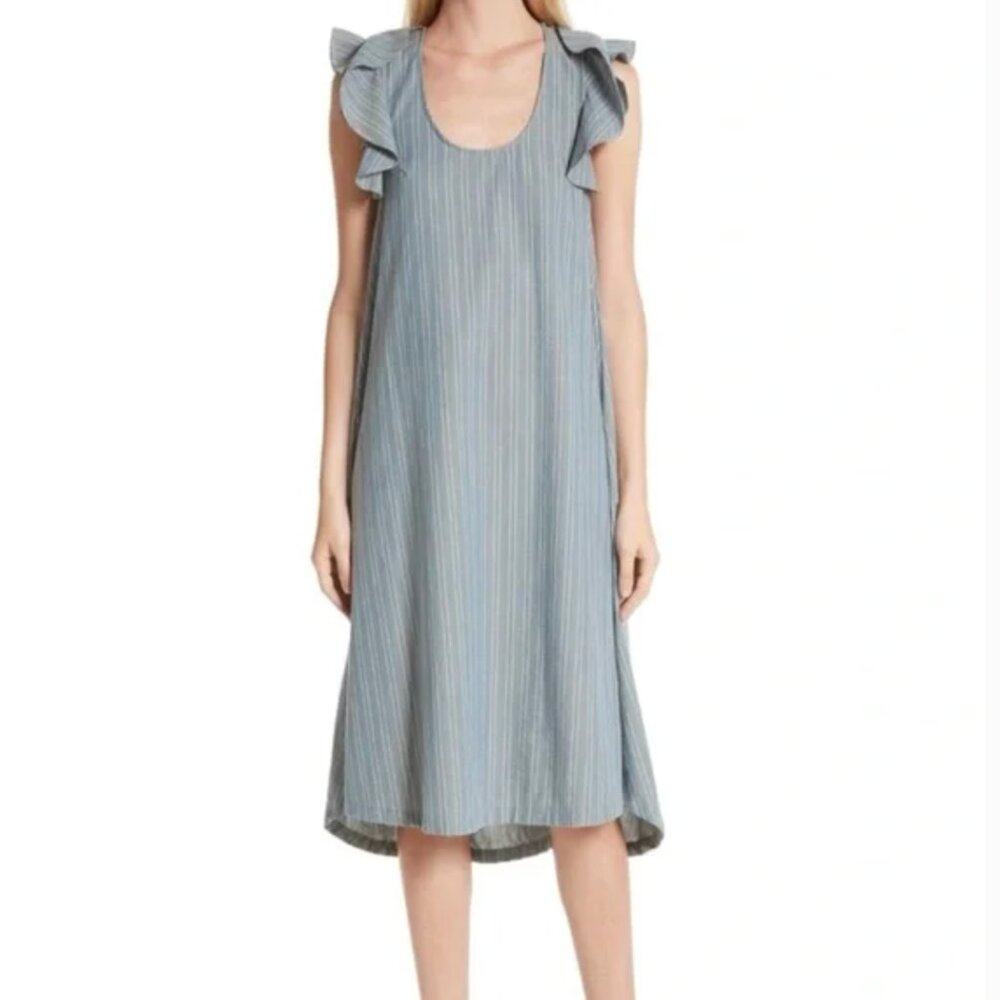 THE GREAT. Petal Striped Chambray Midi Dress Ruffle Sleeve Size 2 Medium Boho
